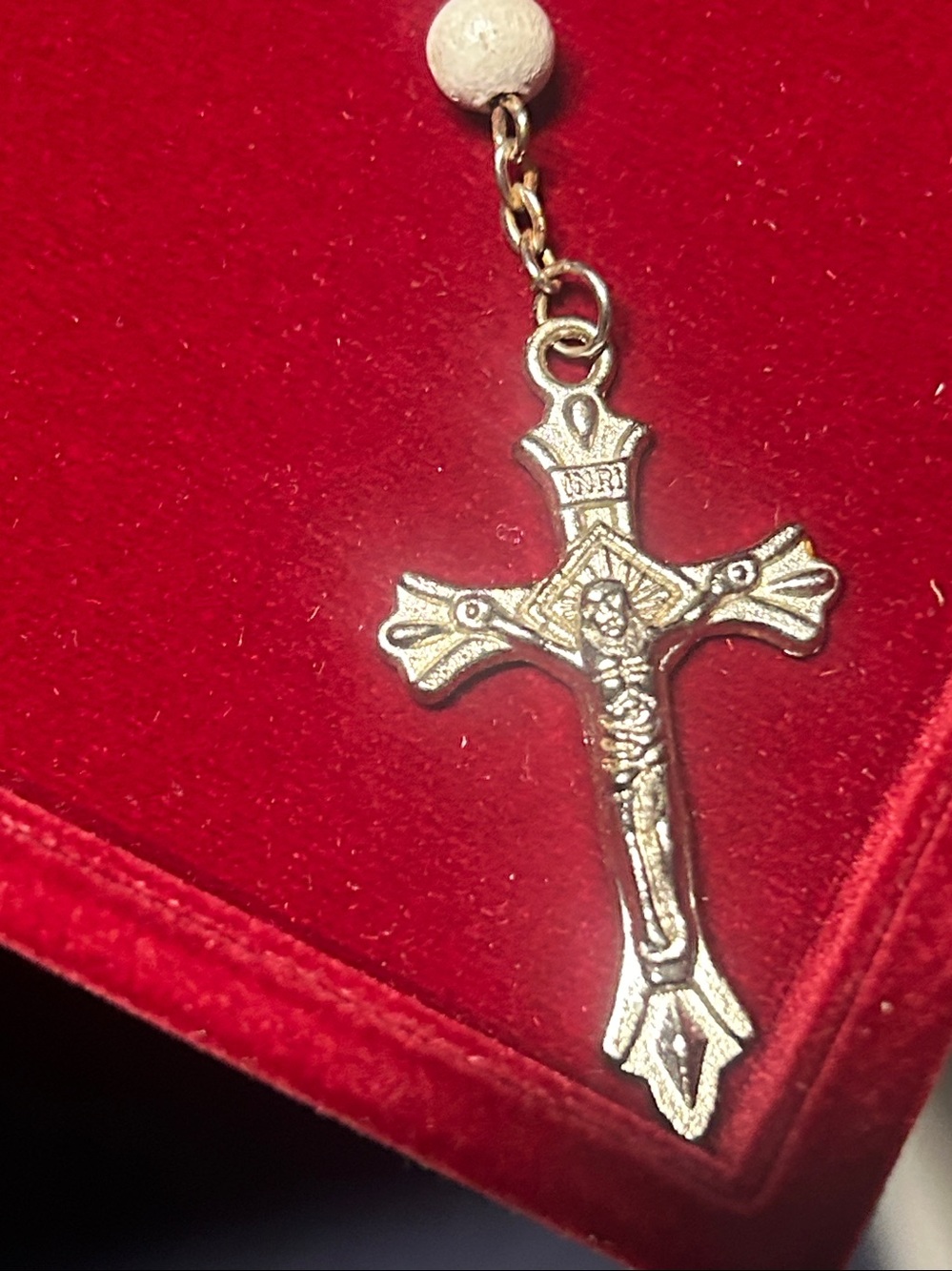 White Bead Rosary Necklace with Silver Cross made in Italy